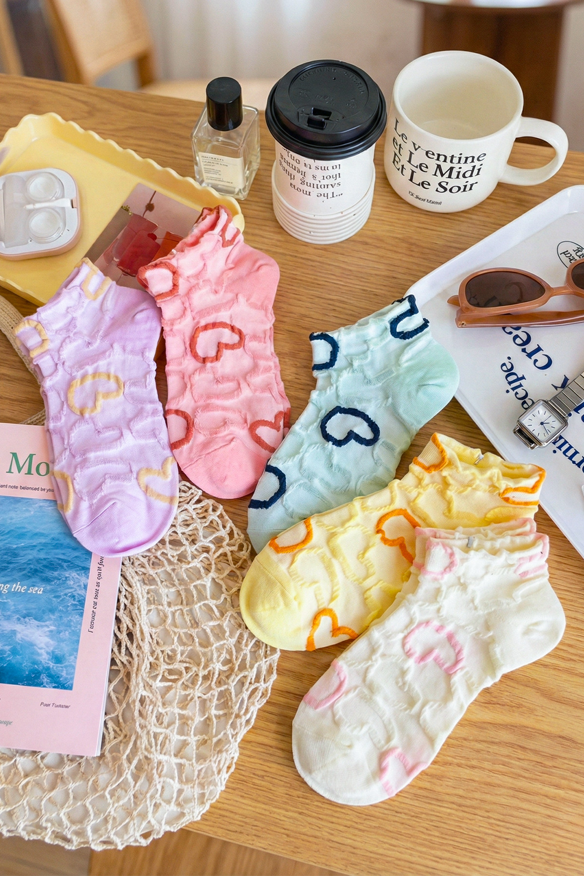 Kadın Soft 5'Li Set Organik Pamuk Patik Çorap Sempatik Kabartmalı Kalp Desenli